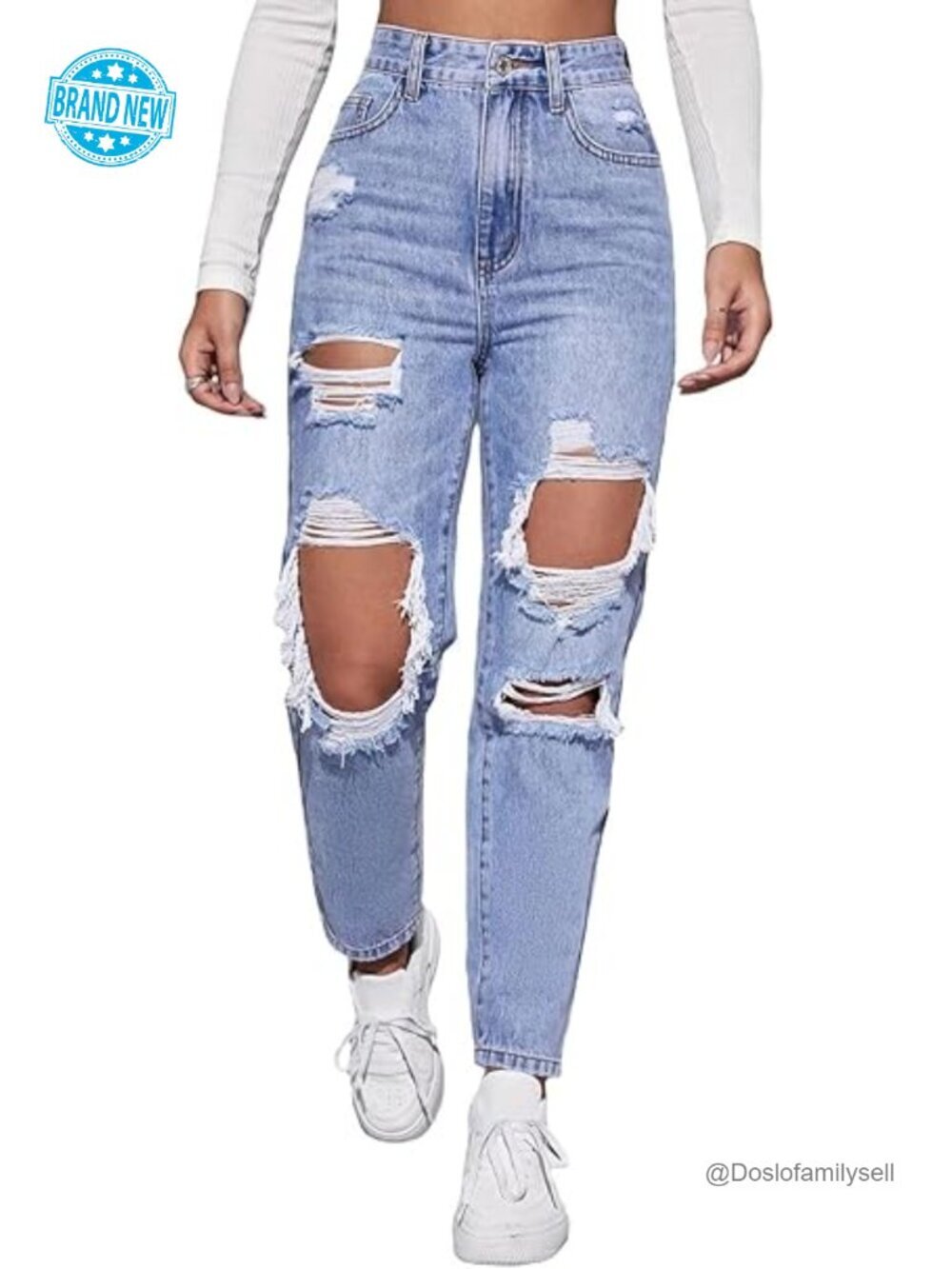 High Waist Boyfriend Straight Leg Ripped Jeans